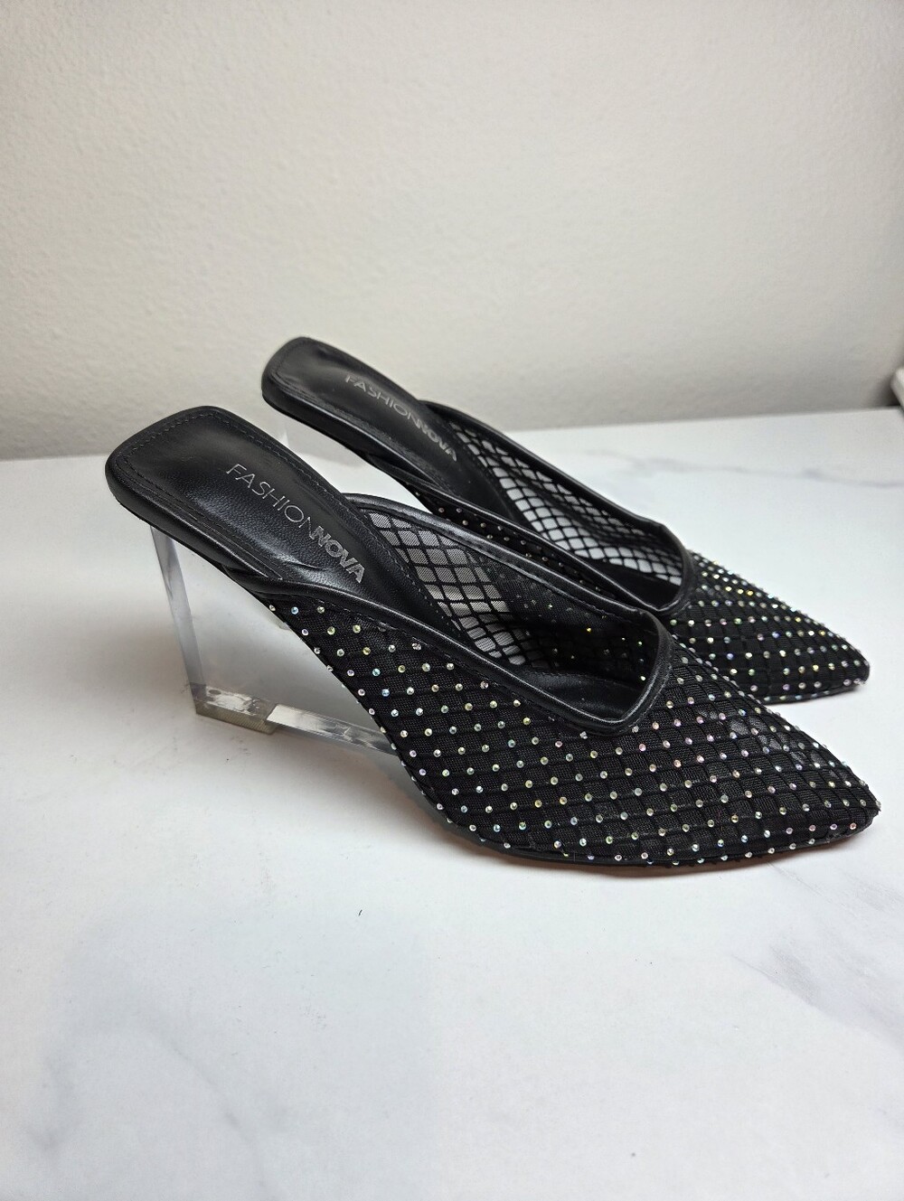 Fashion Nova Jemima Rhinestone Mesh Pointed Toe Clear Lucite Wedge Mules - 5.5